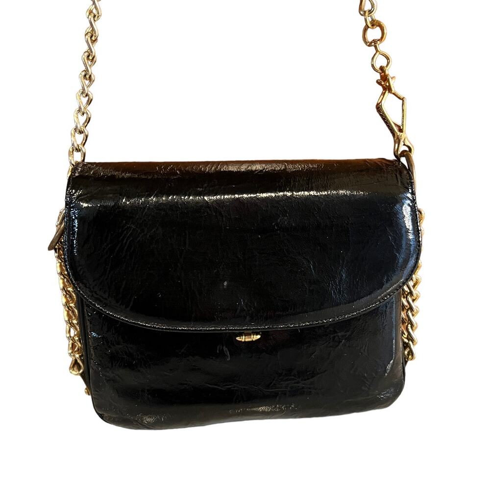 Vintage 60s Manon Boxy Black Patent Leather Purse Chunky Gold Chain Detail